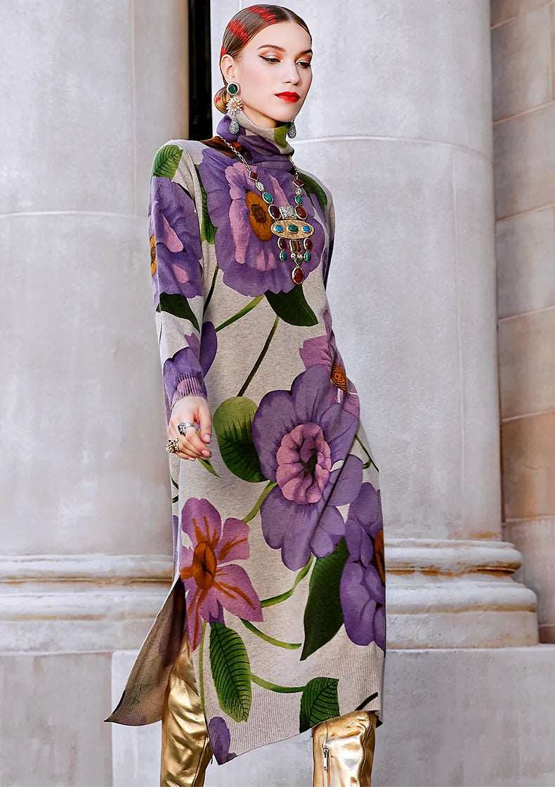 Floral Knited Turtleneck Dress