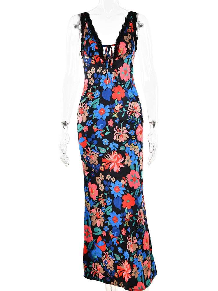 Floral Print Satin Maxi Dress